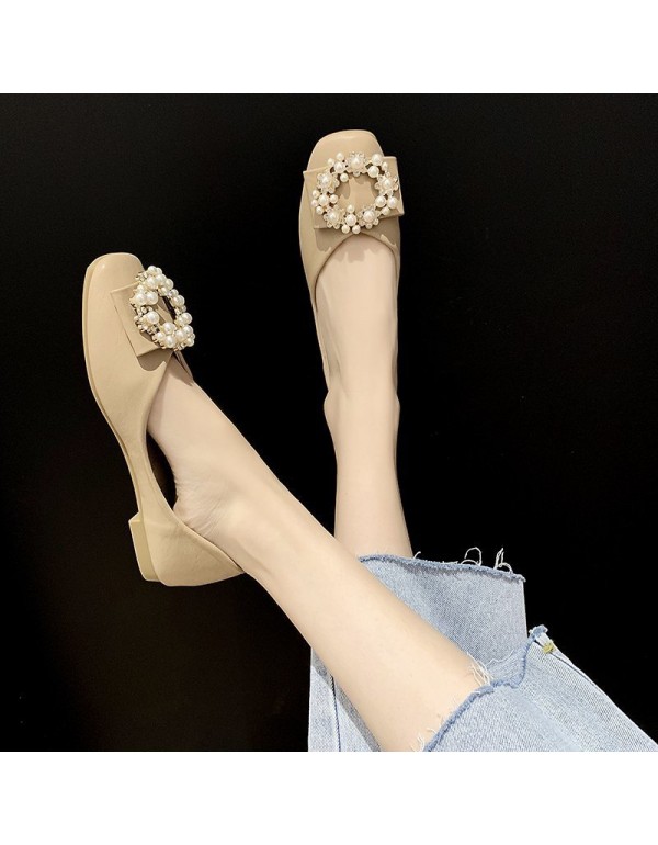 2021 autumn new Korean flat sole single shoes Square Head shallow mouth pearl buckle soft bottom pea shoes comfortable women's shoes wholesale