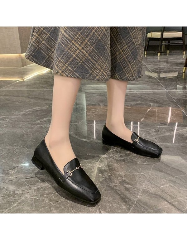 2021 spring new style square head single shoes thick heel sleeve foot metal chain small leather shoes black low heel women's shoes wholesale