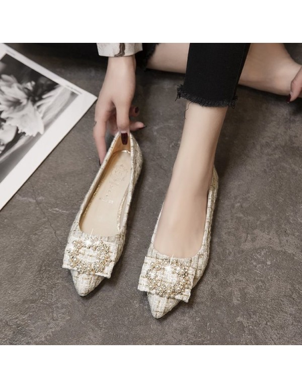 2021 spring new Korean flat shoes pointed shallow mouth pearl ball buckle single shoes lattice comfortable women's shoes wholesale