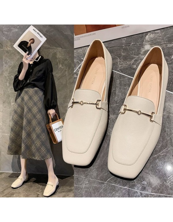 2021 spring new style square head single shoes thick heel sleeve foot metal chain small leather shoes black low heel women's shoes wholesale