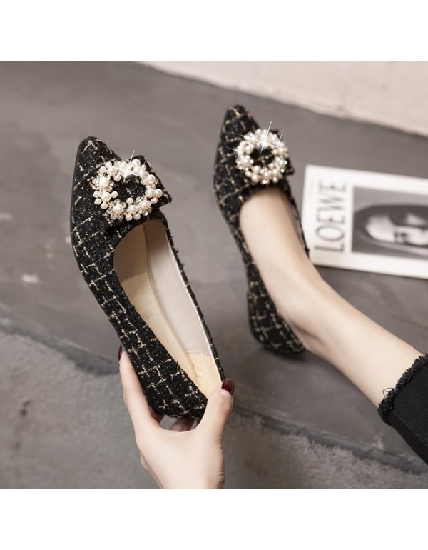 2021 spring new Korean flat shoes pointed shallow mouth pearl ball buckle single shoes lattice comfortable women's shoes wholesale