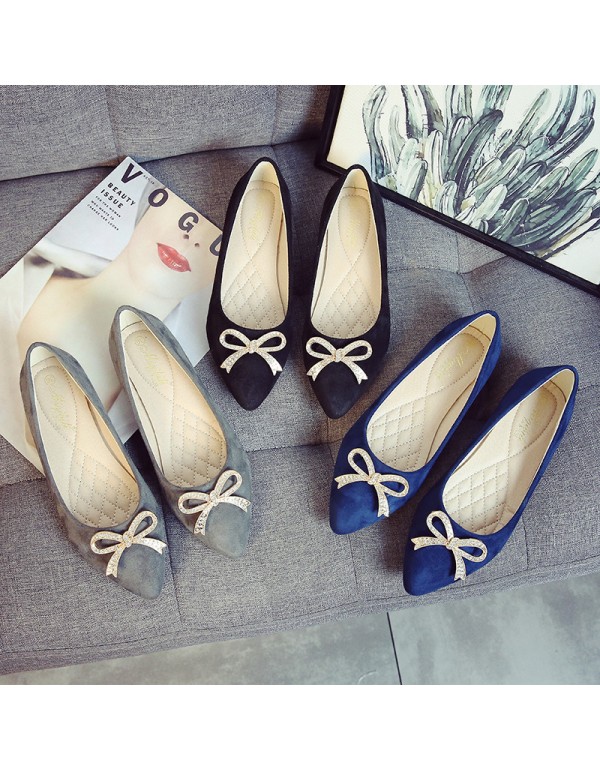 Single shoe women's 2021 early spring new Korean version sweet bow pointed shallow suede soft bottom flat bottom large scoop shoes