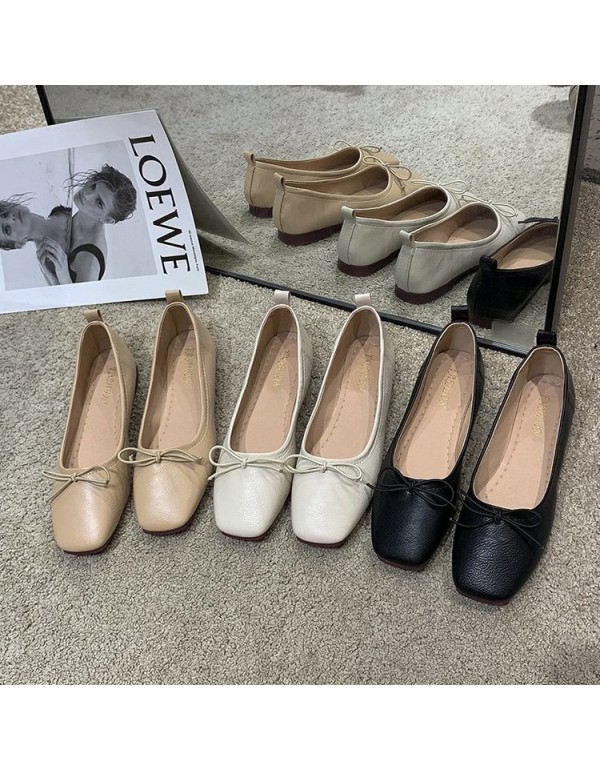 2021 autumn new Korean flat sole single shoes bow square head shallow mouth Doudou shoes comfortable soft sole women's shoes wholesale