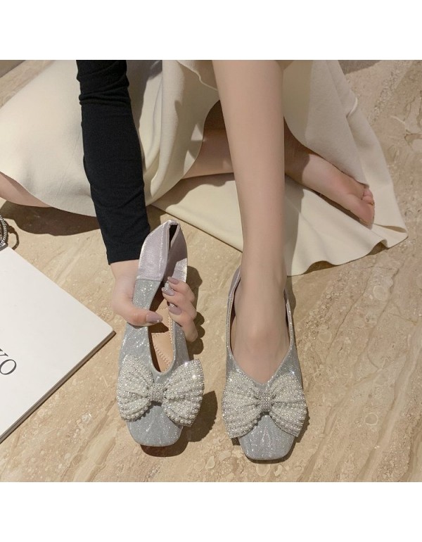 2021 autumn new sweet bow flat sole single shoes Square Head shallow mouth fashion Doudou shoes bright face women's shoes wholesale 
