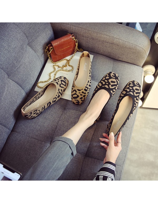 Cross border new comfortable and versatile shallow mouth flat sole single shoes fly weave leopard print simple work driving pregnant women large single shoes