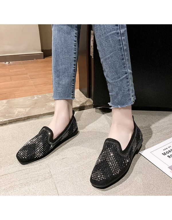 2021 spring new Korean flat sole single shoes square head over foot Doudou shoes fashion Rhinestone flat heel women's shoes wholesale
