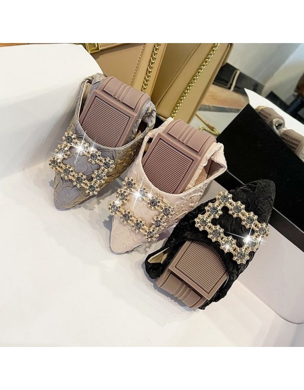 2021 summer new Korean version pointed single shoes Rhinestone square buckle shallow flat shoes silk and satin cloth women's shoes wholesale