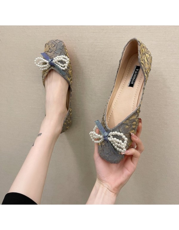 2021 summer new Korean flat sole single shoes silk satin square head shallow mouth Doudou shoes Beaded bow women's shoes wholesale