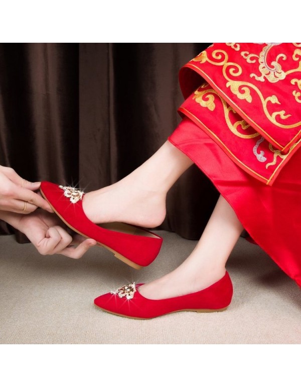 2021 spring new pointed single shoes women's shallow flat shoes suede Rhinestone red wedding shoes Bridesmaid shoes wholesale