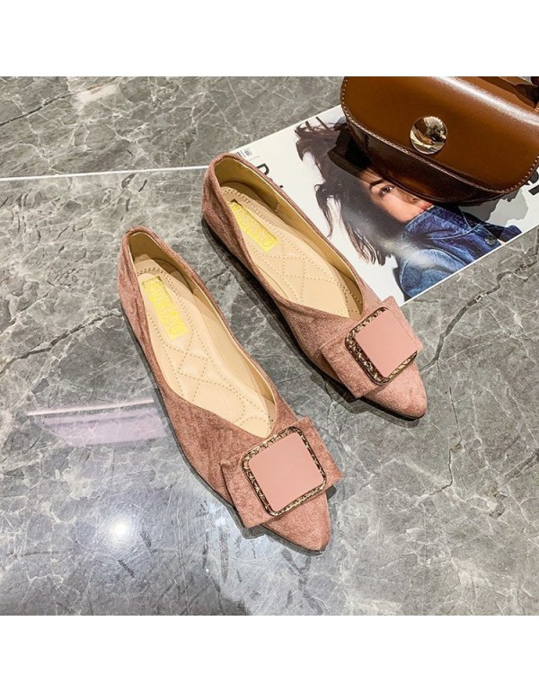 2021 autumn new Korean flat sole single shoes women's pointed shallow mouth bow square buckle suede comfortable women's shoes wholesale