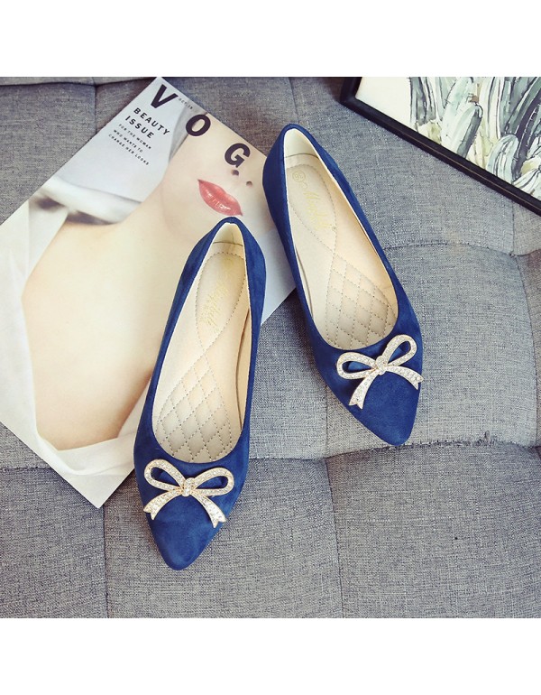 Single shoe women's 2021 early spring new Korean version sweet bow pointed shallow suede soft bottom flat bottom large scoop shoes