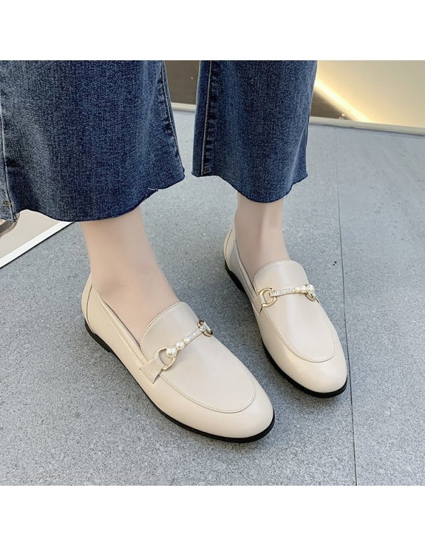 2021 spring new British style small leather shoes women's round head flat bottomed overshoe pea shoes pearl buckle single shoes wholesale