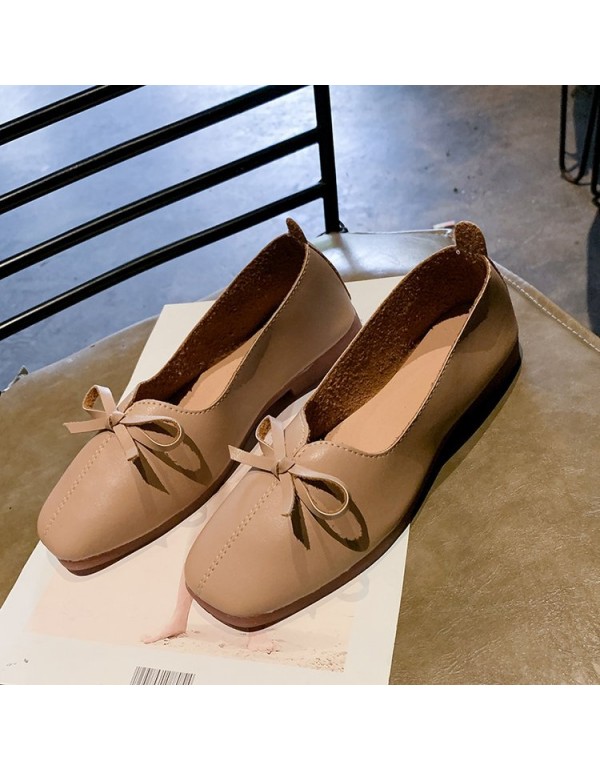 2021 spring new retro square head shallow mouth flat sole single shoe bow flat heel soft bottom pea shoes women's shoes wholesale