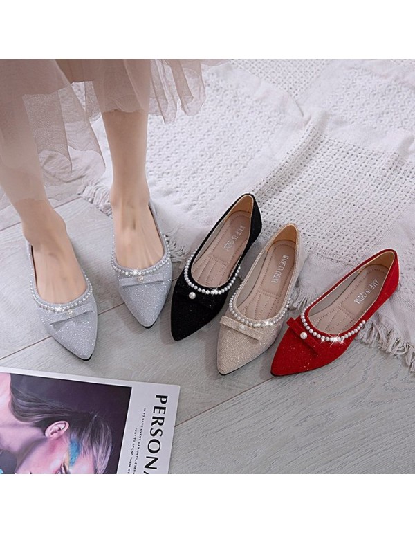 2021 spring new pointed shallow mouth flat shoes women's bow pearl flat heel shoes red wedding shoes wholesale