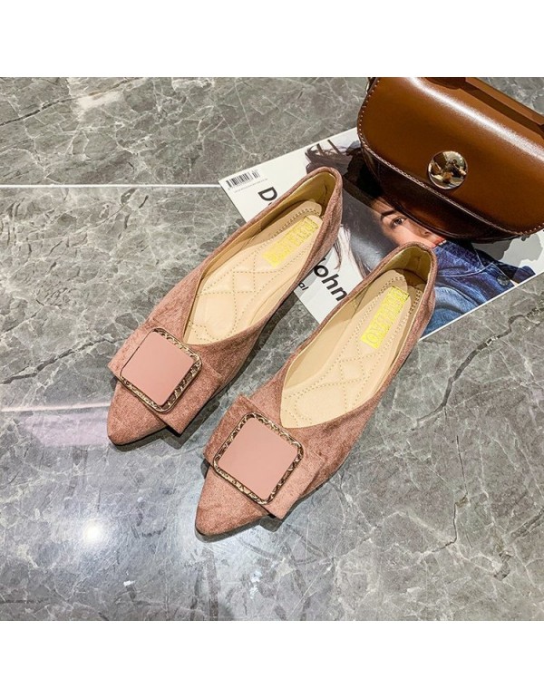 2021 autumn new Korean flat sole single shoes women's pointed shallow mouth bow square buckle suede comfortable women's shoes wholesale