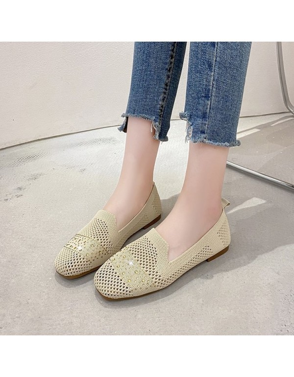 2021 summer new knitted flat sole single shoes Rhinestone breathable square head pea shoes cover feet comfortable women's shoes wholesale