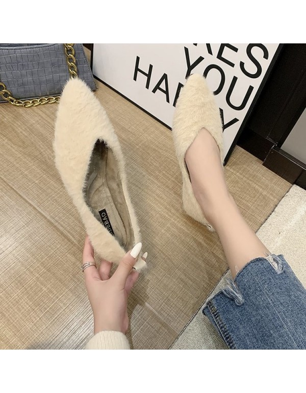2021 autumn and winter new Korean wool shoes wear pointed shallow mouth flat bottom Plush single shoes, fashion women's shoes wholesale