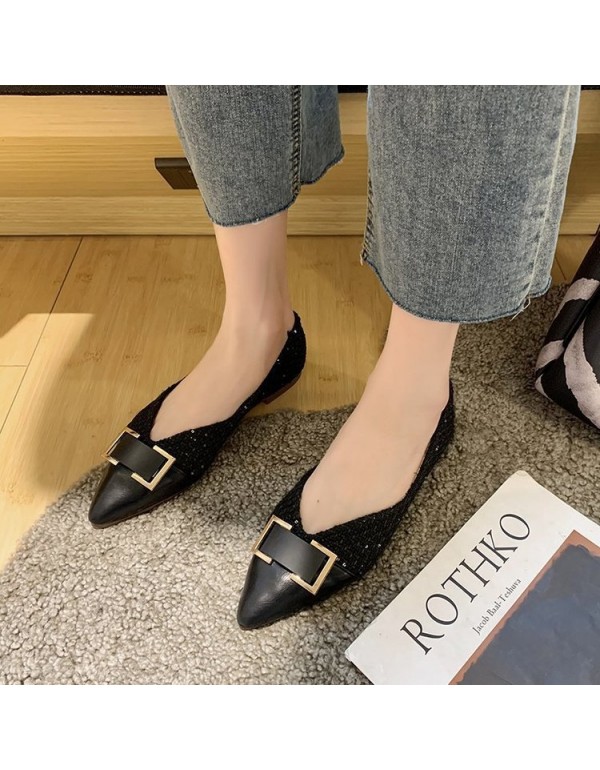 2021 spring new Korean flat shoes pointed shallow mouth fashion splicing square buckle single shoes fashion women's shoes wholesale
