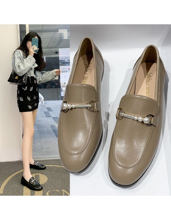 2021 spring new British style small leather shoes women's round head flat bottomed overshoe pea shoes pearl buckle single shoes wholesale