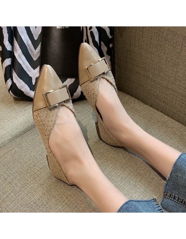 2021 spring new Korean flat shoes pointed shallow mouth fashion splicing square buckle single shoes fashion women's shoes wholesale