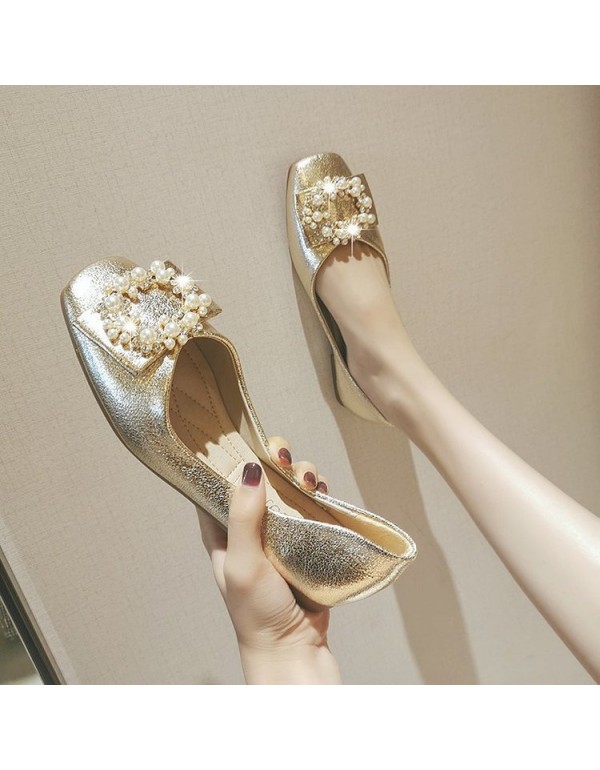 2021 summer new fairy style flat sole single shoes Square Head shallow mouth pearl square buckle soft bottom pea shoes women's shoes wholesale