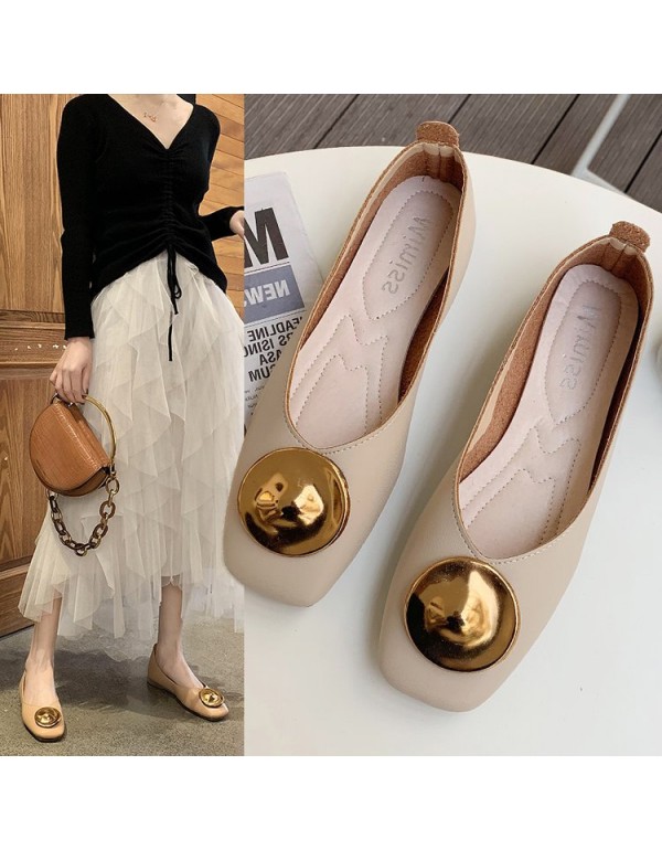 2021 spring new Korean version square head single shoes flat bottom shallow mouth round buckle Doudou shoes soft bottom fashion women's shoes wholesale