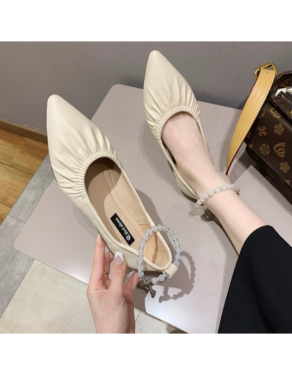 Wholesale of new Korean flat sole single shoes in spring 2021 with pointed shallow mouth Beaded Ankle buckle and wrinkled leather women's shoes