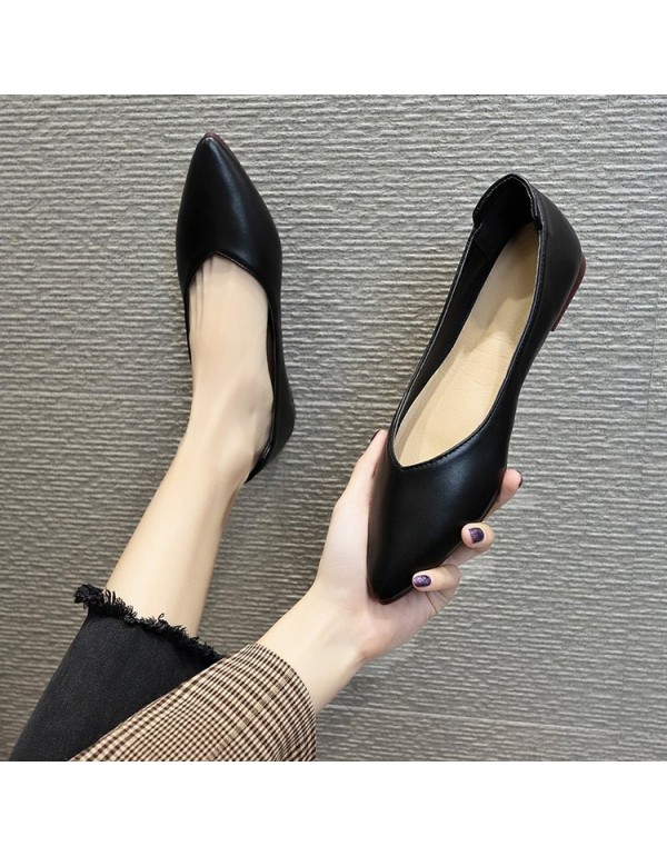 2021 spring new pointed shallow mouth flat shoes shallow mouth single shoes comfortable black comfortable work shoes leather wholesale