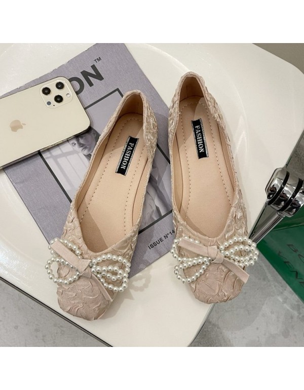 2021 summer new Korean flat sole single shoes silk satin square head shallow mouth Doudou shoes Beaded bow women's shoes wholesale