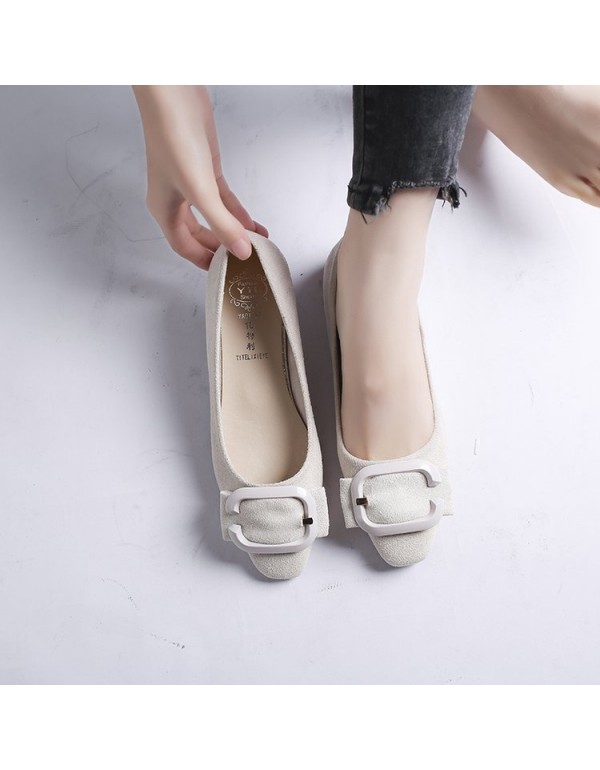 2021 spring new Korean version square head shallow mouth flat shoes Square button suede single shoes fashion Doudou women's shoes wholesale