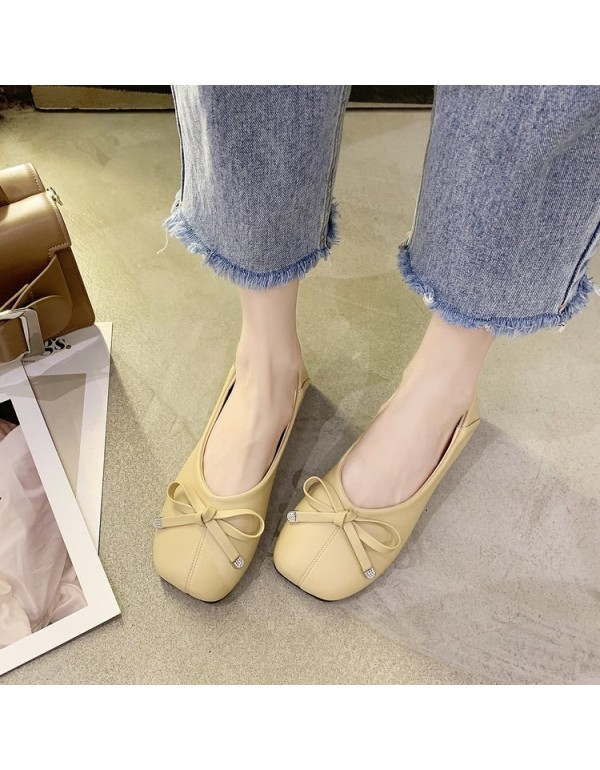 2021 summer new Korean flat sole single shoes bow shallow mouth square head pea shoes comfortable flat heel women's shoes wholesale