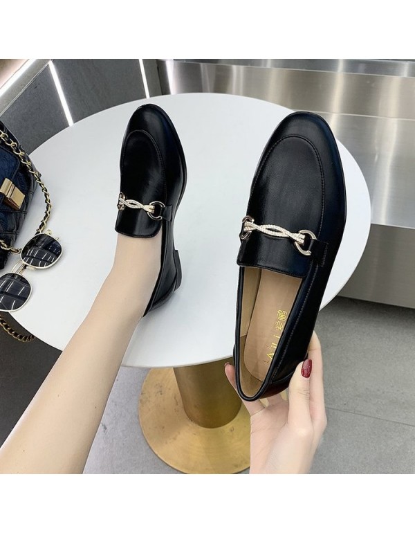 2021 spring new British style small leather shoes round head flat bottom cover foot pea shoes Rhinestone fashion women's shoes wholesale