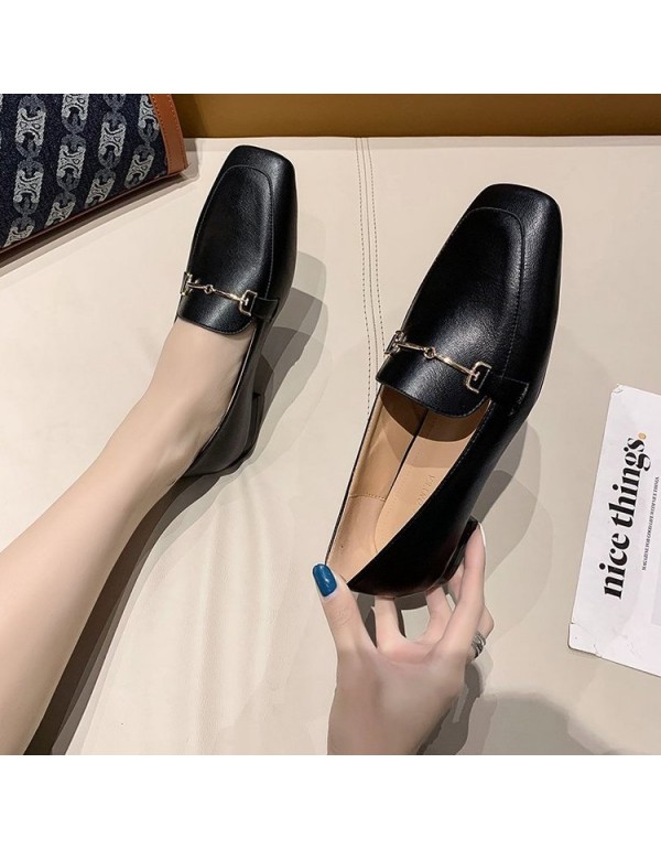 2021 spring new style square head single shoes thick heel sleeve foot metal chain small leather shoes black low heel women's shoes wholesale