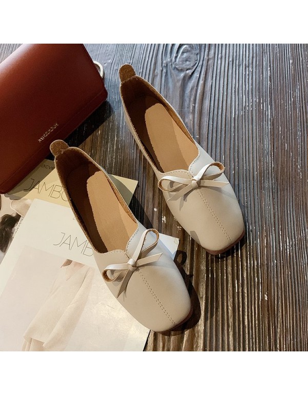 2021 spring new retro square head shallow mouth flat sole single shoe bow flat heel soft bottom pea shoes women's shoes wholesale