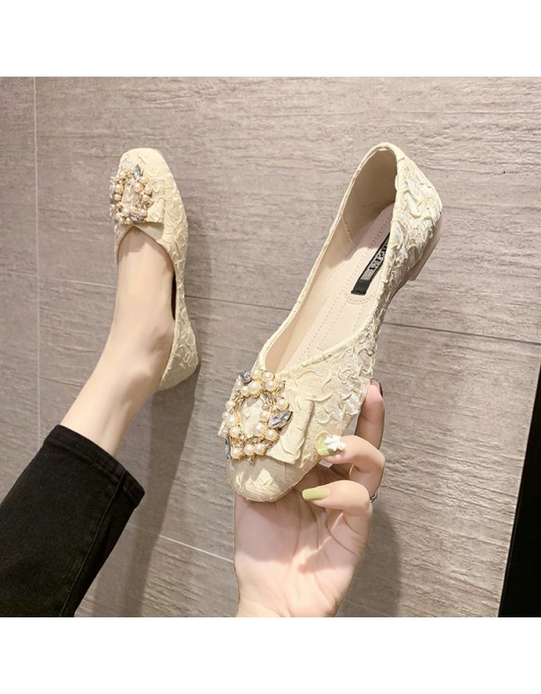 2021 summer new Korean flat sole single shoes Square Head shallow mouth bow round buckle Doudou shoes silk and satin fashion women's shoes