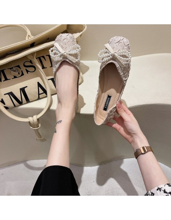 2021 summer new Korean flat sole single shoes silk satin square head shallow mouth Doudou shoes Beaded bow women's shoes wholesale