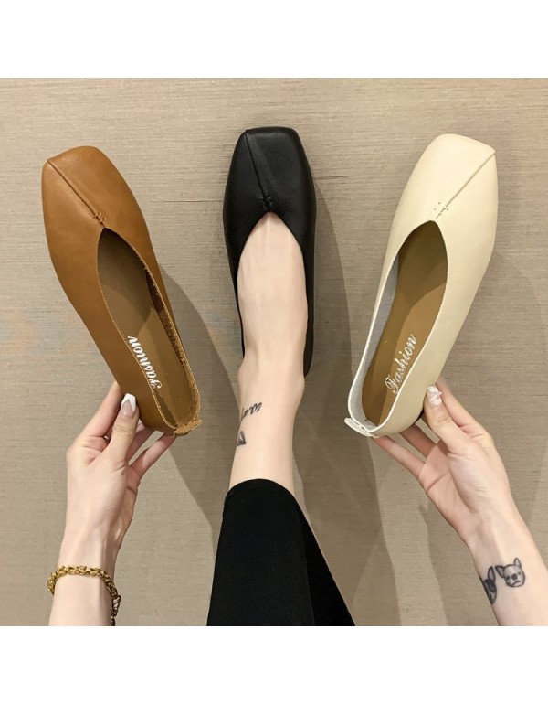 2021 spring new flat sole single shoes Square Head shallow mouth splicing soft bottom pea shoes leisure large 42 women's shoes wholesale
