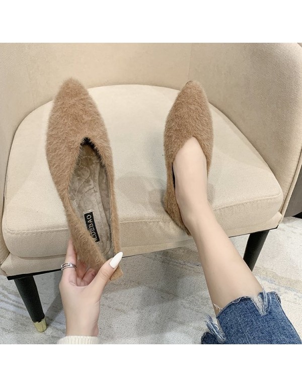 2021 autumn and winter new Korean wool shoes wear pointed shallow mouth flat bottom Plush single shoes, fashion women's shoes wholesale