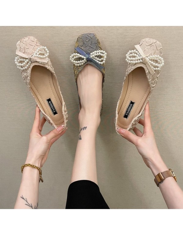 2021 summer new Korean flat sole single shoes silk satin square head shallow mouth Doudou shoes Beaded bow women's shoes wholesale