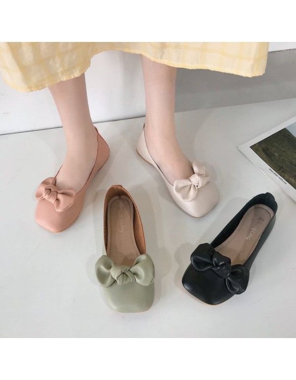2021 spring new sweet flat sole single shoes women's head shallow mouth pea shoes bow soft sole women's shoes wholesale