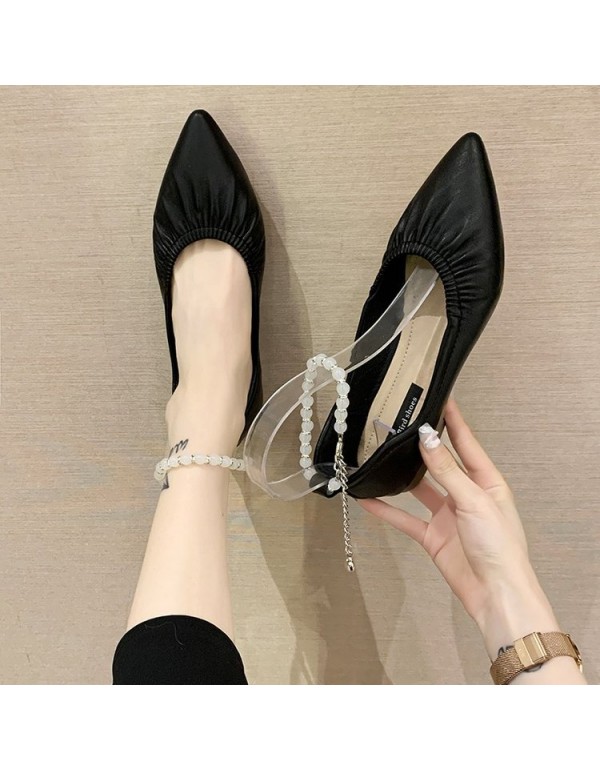 Wholesale of new Korean flat sole single shoes in spring 2021 with pointed shallow mouth Beaded Ankle buckle and wrinkled leather women's shoes