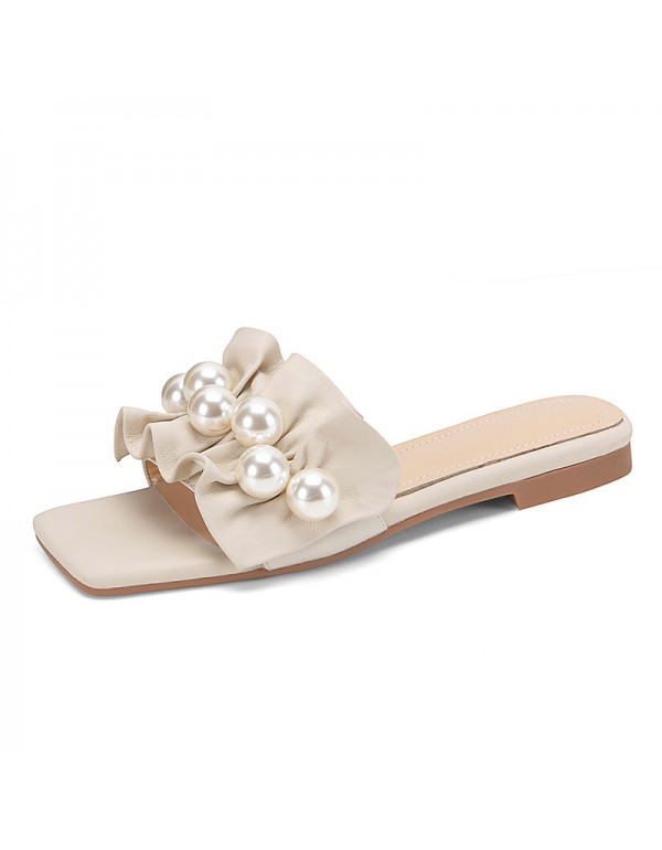 Flat slippers women wear 2021 New Pearl fairy style in summer, simple Korean version ins two wear beach sandals