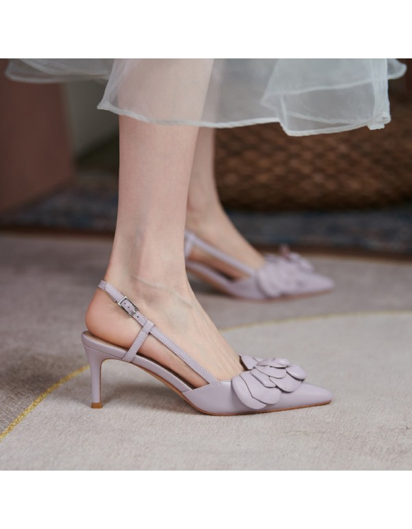 20201 Baotou back empty high heels women's summer one line buckle leather elegant flower pointed sandals light yellow