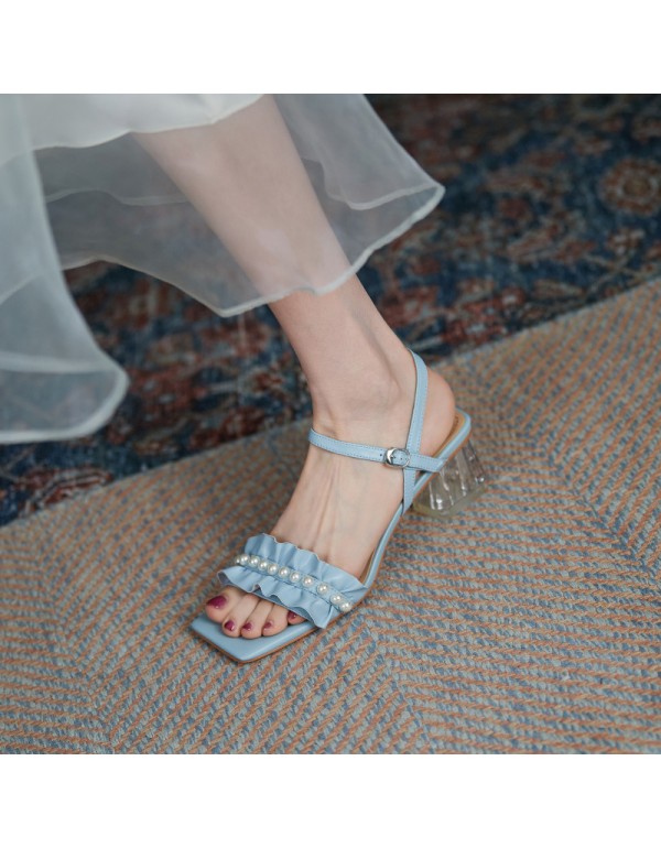2021 summer new crystal heel pearl lotus leaf high heel sandals Korean version simple sweet fairy sandals 