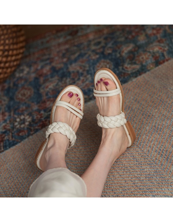 2021 new style low heel herringbone belt woven sandals net red same half slippers women's two wear summer sandals