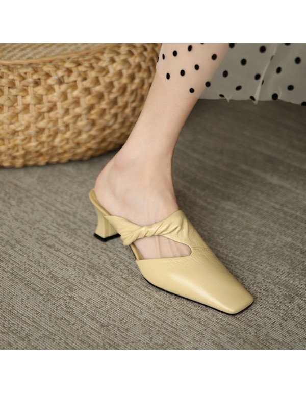 French retro Baotou square heel slippers 2021 comf...