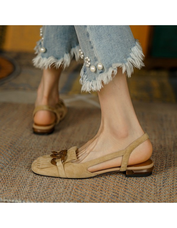 Retro tassel Baotou sandals women's 2021 new summer metal thick heels women's shoes hollow flat shoes women's summer 