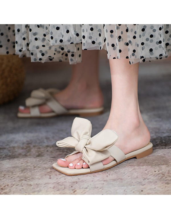 2021 summer new flat bottomed Korean version simple pearl slippers fairy style sweet low heel flowers women's slippers