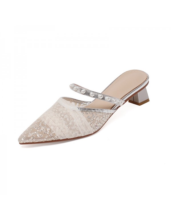 Pearl flat bottom mesh Baotou cool shoes 2021 summer new net red same cool slippers fairy wear Korean version