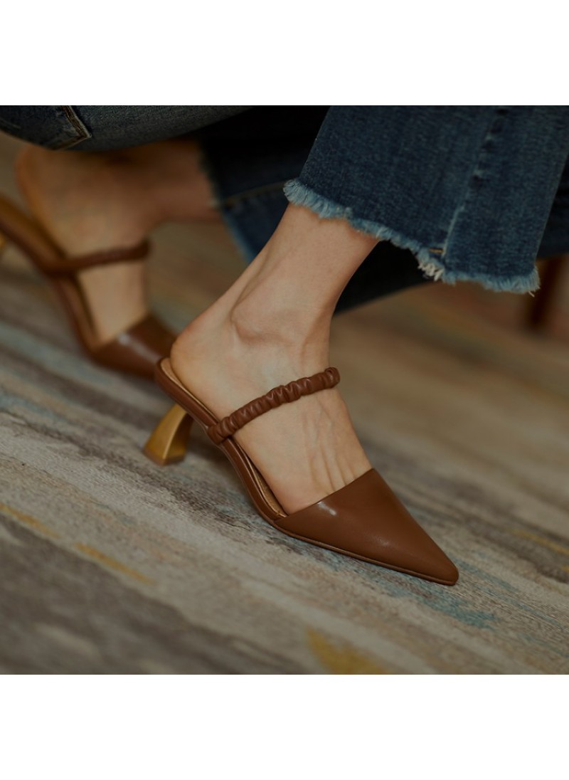 2020 calfskin pointed calf Mid Heel thin heel half slipper Xia Xin Baotou profiled heel high heel sandal women's shoes 